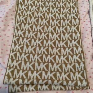 Michael Kors, infinity, scarf, logo, tan, and white